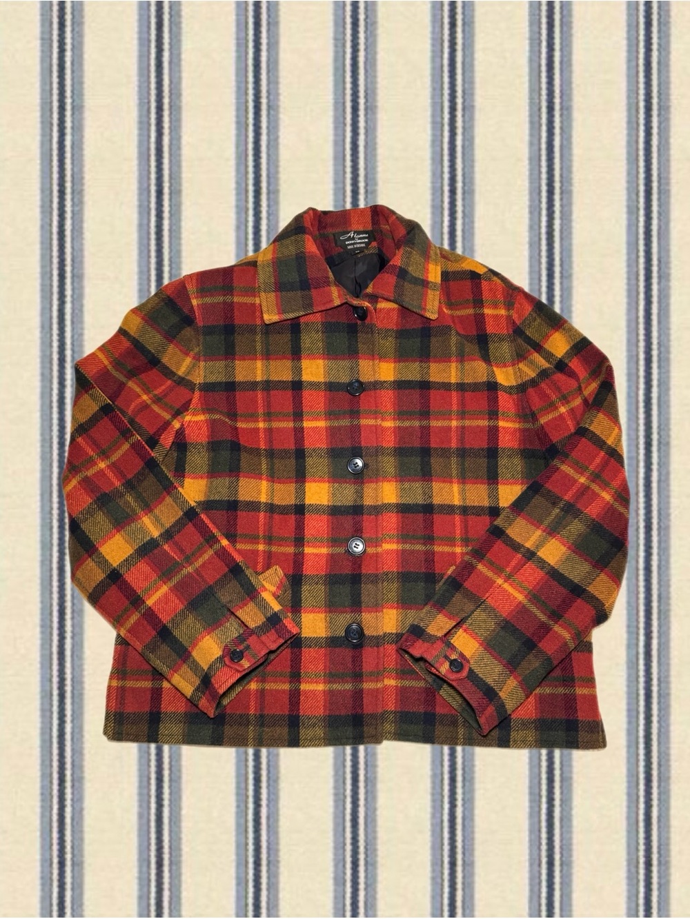 Plaid Wool Button Pea Coat Jacket